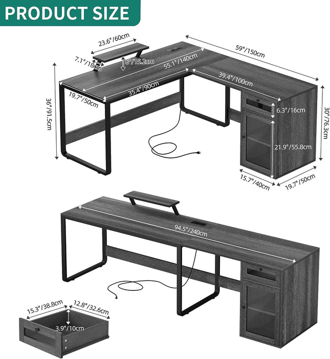 Grey L-Shaped Desk with Drawer & LED Lights