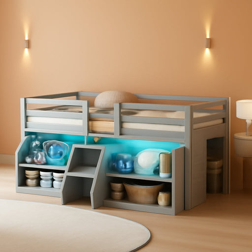 Twin Loft Bed with LED Lights, Wooden Loft Bed Twin Size with Stairs & Safety Guardrail, Low Loft Bed for Kids with Storage Bookcase and Under-Bed Play Space, Grey