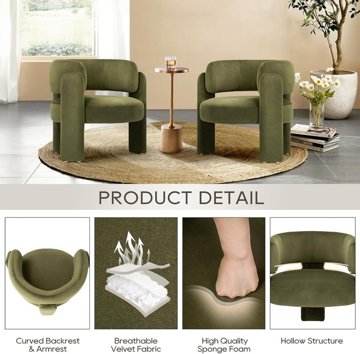 Modern Velvet Accent Chair Set of 2, Upholstered Barrel Chairs, Comfy Side Arm Chairs with 3 Legs for Living Room, Bedroom, Reading, Green