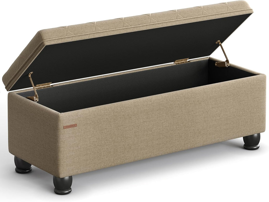 Storage Ottoman, Storage Bench, Tufted Entryway Bedroom Bench, 17.7 X 46.5 X 17.7 Inches, Hinges Easy Lid Operation, Wooden Legs, Linen-Look Cover, Loads 330 Lb, Camel Brown ULOM070K01