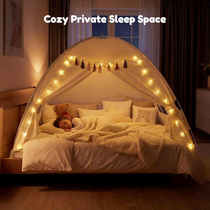 Twin Bed Tent for Kids, Indoor Privacy Toddler Sleeping Canopy with Mesh Window, Fits Bunk or Floor Bed, Include Star Lights & Tassels, Cozy Playhouse for Boys Girls Birthday