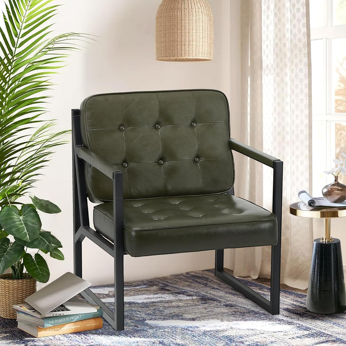 Green Full Grain Leather Upholstered Accent Armchairs