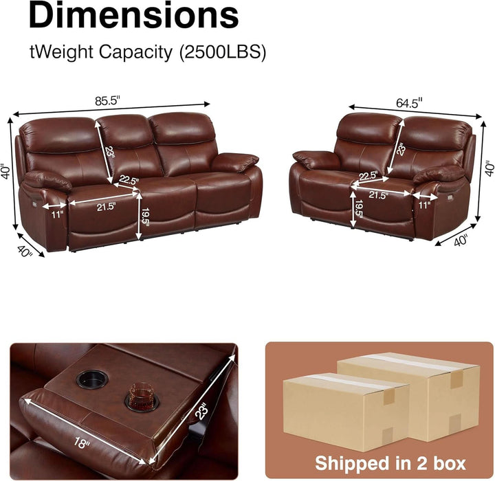 Brown Power Top Grain Leather Recliner Sofa Loveseat Set with USB Port, Genuine Leather Living Room Recliner Furniture Sofa Set, Reclining Couch Loveseat with Cup Holders.
