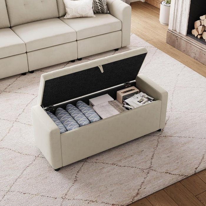 50 Inches Wide Storage Ottoman Bench, Upholstered Foot Rest Stool, Long Bench Footstool, Couch Ottoman, Ottomans for Living Room, Entryway, End of Bed Storage Bench for Bedroom (Beige)