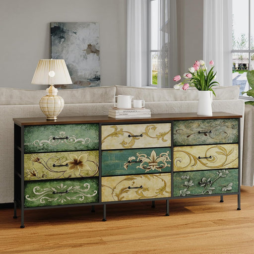 Dresser with Drawers for Bedroom Chest of Drawers Fabric Dresser for Closet,Nursery Entryway Hall Tree TV Stand for Living Room Retro Floral Pattern Drawers Wooden Top (Wide 9 Drawers)