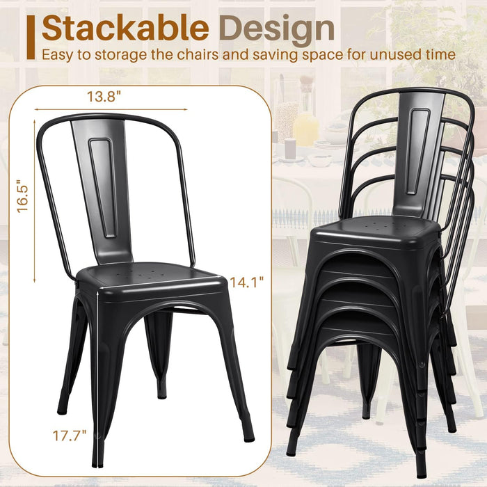 Metal Dining Chair Indoor-Outdoor Use Stackable Classic Trattoria Chair Chic Dining Bistro Cafe Side Metal Chairs Set of 4 (Black)