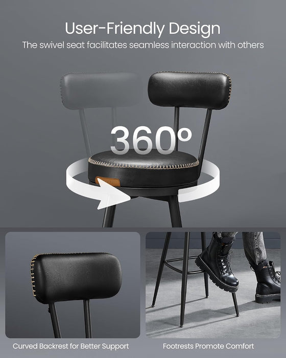 VASAGLE EKHO Collection - Bar Stools Set of 2, Swivel Counter Height Bar Stools with Back, Synthetic Leather with Stitching, Mid-Century Modern, 25.6-Inch Tall Barstools, Ink Black ULBC089B01V2