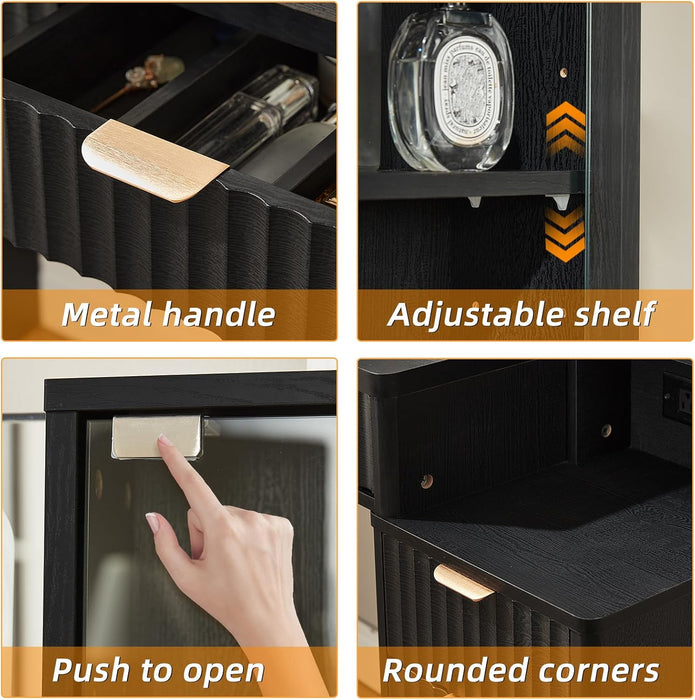 Black Vanity Desk with Mirror and Lights with Stool, 43.5'' Fluted Makeup Vanity with 6 Drawers and Adjustable Shelves,Wood Make up Vanity Set with Glass Top and Power Outlet for Bedroom