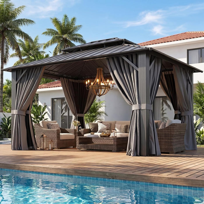 10X12 Gazebo Hardtop Gazebo with Double Galvanized Steel Roof Outdoor Pavilion with Breathable Netting and Privacy Curtain for Backyard (Gray)