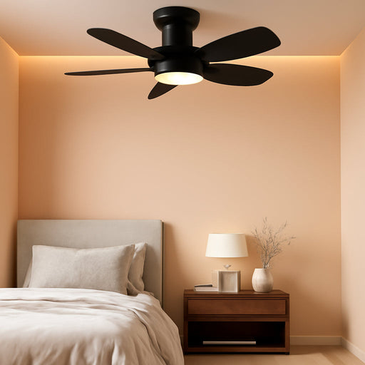 36Inch Black Low Profile Ceiling Fans with Lights and Remote/App Control, Reversible DC Motor, 6 Speeds, Modern Flush Mount Ceiling Fan with 5 Blades for Outdoor Patio,Small Room,Bedroom