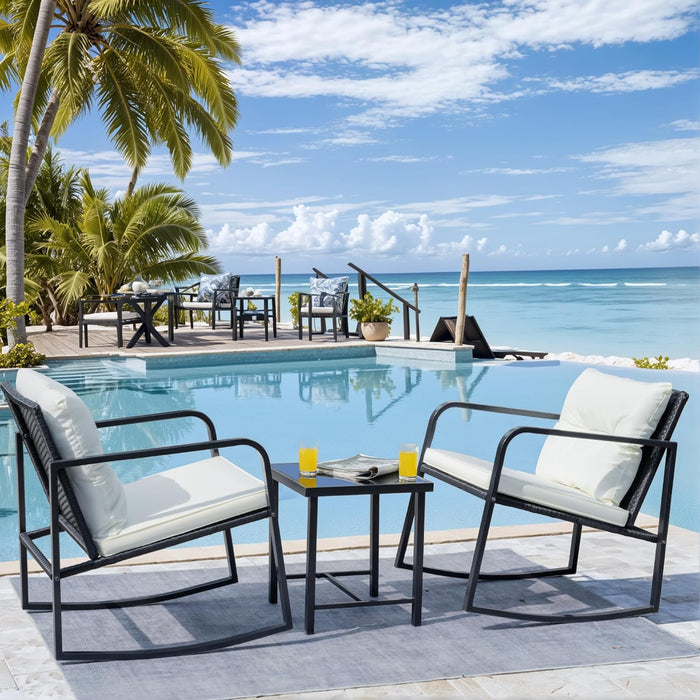Patio Chairs 3 Piece Wicker Rocking Chair Outdoor Bistro Sets with Coffee Table and Cushions Metal Frame Patio Furniture for Porch, Balcony, Lawn (White)