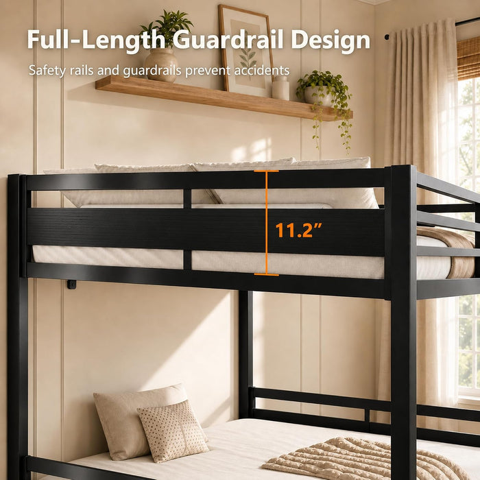 Metal Bunk Bed Full over Full with Ladder and High Guardrail, Heavy-Duty Metal Slats Support, Noise Free, No Box Spring Needed, for Kids and Juniors, Black