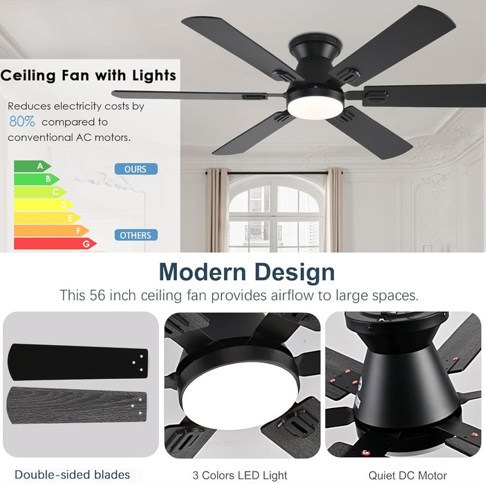 56 Inch Ceiling Fans with Lights, Black Flush Mount Ceiling Fan with Light and Remote/App Control, 3CCT, RGB, Dimmable, Noiseless, Low Profile Ceiling Fan for Bedroom, Patio, Indoor/Outdoor Use