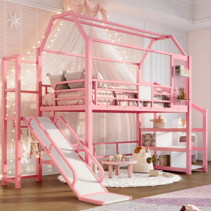 Bright Pink TwinSize Metal LoftBed With SafetyGuardrail