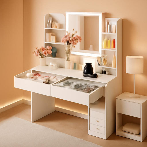 Vanity Desk with Mirror and Lights,35.4" Makeup Vanity with 2 Storgae Drawers, 2 Side Shelves and Open Storage Shelves, 3 Color Modes, for Bedroom, Pure White