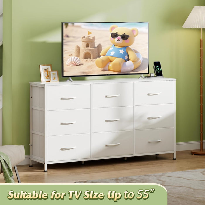 white dresser tv stand White 47Inch Dresser With Nine Drawers Premium Wood Top — ShipItFurniture
