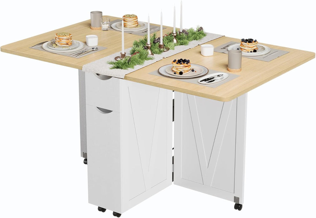 Folding Dining Table with Storage, Folding Kitchen Table with 6 Wheels, Drawer & Shelves, Compact Dining Table for Small Spaces