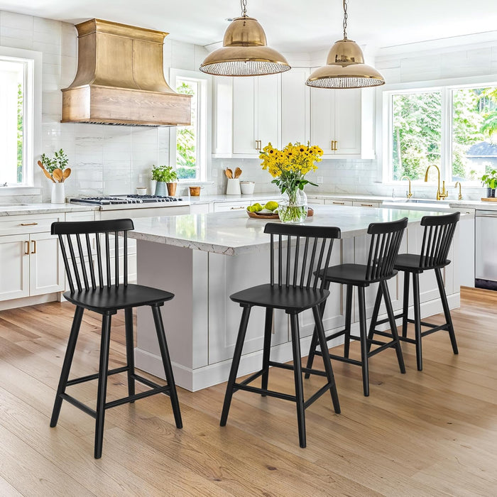 Upgraded Windsor Wooden Black Bar Stools Set of 4, 24 Inch Counter Height Barstools with Spindle Back/Bigger Seat for Kitchen Island