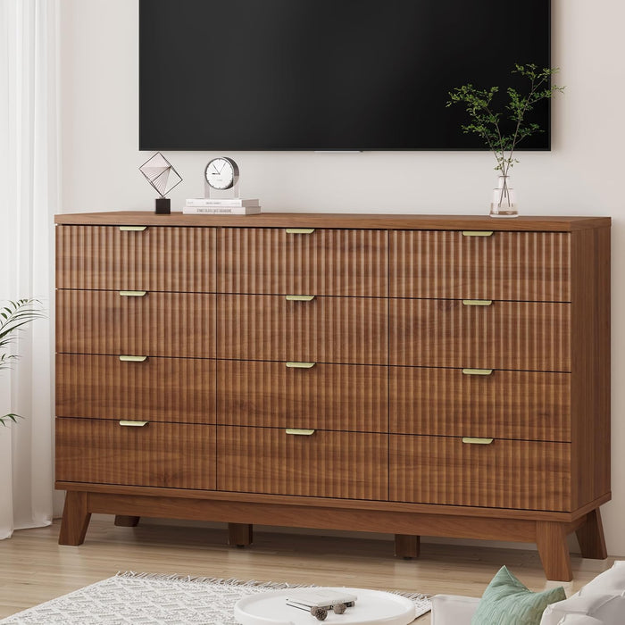 Fluted Dresser for Bedroom with 12 Drawers, 57" Wide Modern Chest of Drawers with Metal Handle, Wooden Dresser TV Stand, Wood Closet Clothes Storage Organizer for Living Room, Hallway, Walnut