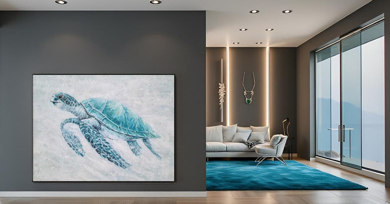 Sea Turtle Canvas Wall Art - Modern Hand Painted Teal Ocean Animal Artwork