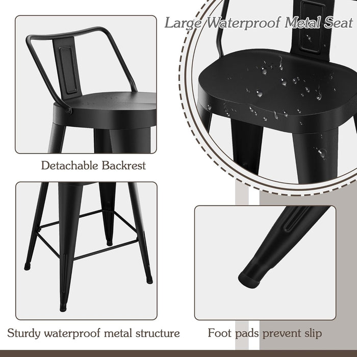 24Inch Outdoor Metal Bar Stools Set of 4 Patio Stool Counter Height Barstools Large Seat Industrial Counter Stool Kitchen Bar Chairs Indoor-Low Back, Black