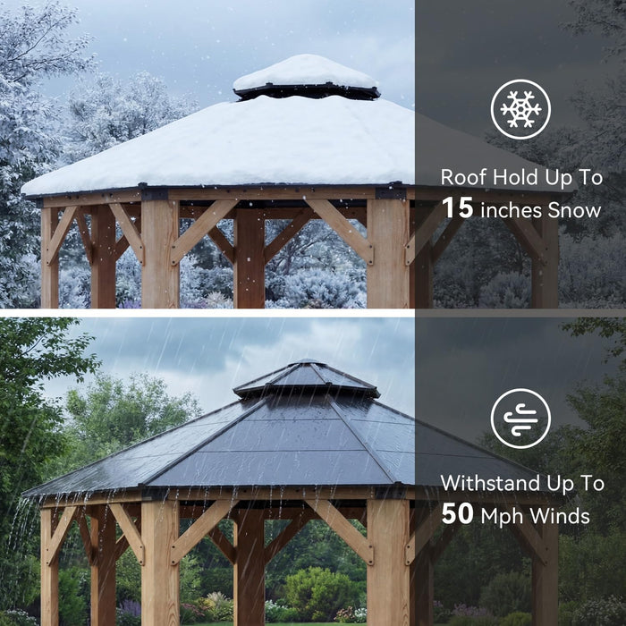 13' X 13' Outdoor Wood Gazebo, Hardtop Gazebo Permanent Wooden Pavilion with Galvanized Steel Double Roof, for Packyard, Garden, Deck, Cedar Wood