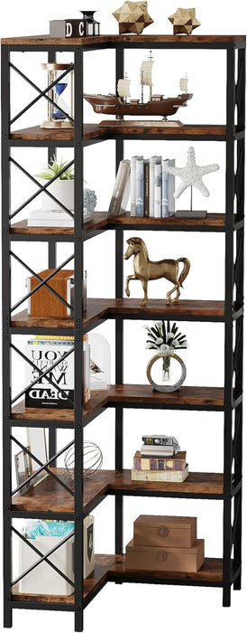 7-Shelf Corner Bookshelf,Large Modern Corner Bookcase, 7-Tier Tall Corner Shelf Storage Display Rack with Metal Frame for Living Room Home Office (Black)