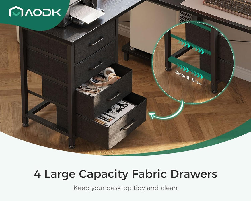 L Shaped Gaming Desk with 4 Drawers, 53" Reversible Home Office Desks with Power Outlets, L Shaped Computer Desk with USB Charging Port and Host Stand, Corner Desk, Easy to Assemble, Black