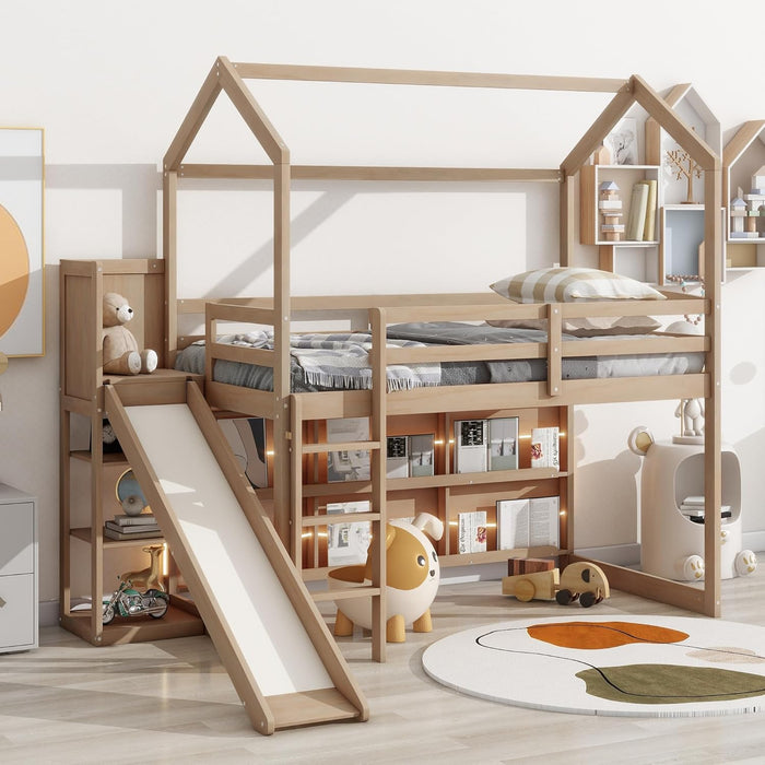 Twin EngineeredWood Loft Bed With Slide StorageShelves