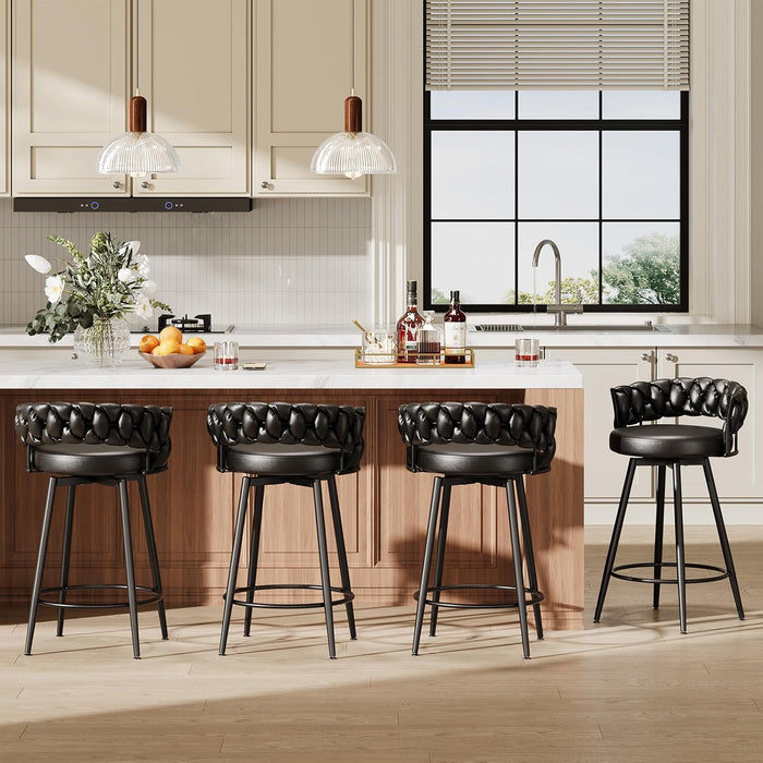 26" Counter Height Bar Stools Set of 3, Premium Faux Leather Barstools | Upholstered 360°Swivel Bar Chairs with Woven Backs Support & Heavy Duty Metal Legs for Kitchen Counter, Easy Assembly, Black