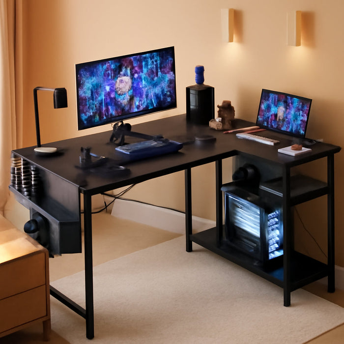 L Shaped Computer Desk with Power Outlets, 47 Inch Small Corner Desk with Reversible Shelves, Gaming Desk Computer Table Study Writing Table for Home Office Bedroom Small Space, Black