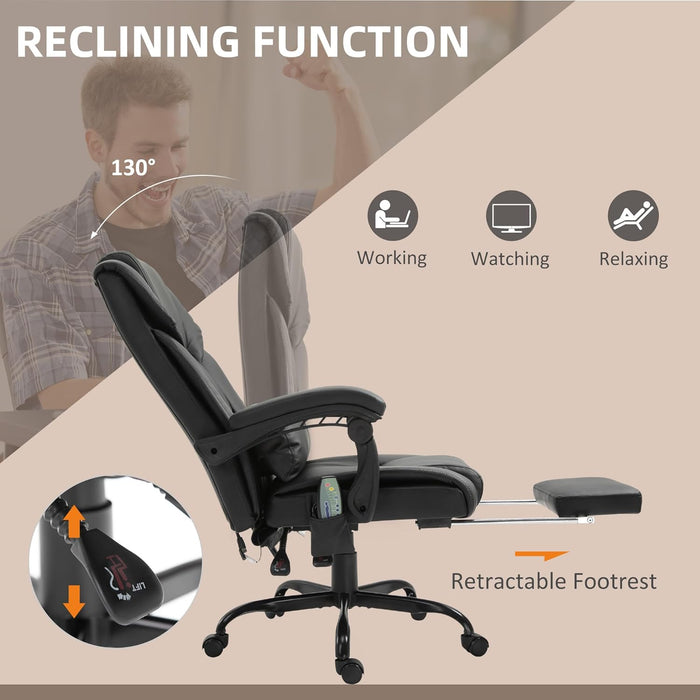 High Back Massage Office Chair with 6 Vibration Points, PU Leather Reclining Computer Chair, Ergonomic Desk Chair with Footrest Adjustable Height and Remote, Black