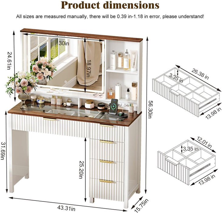 43" Large Vanity Desk with 30" HD Lighted Mirror,Modern Vanity Desk with Mirror and Lights, Makeup Vanity with 5 Drawers and Storage Shelves and Charging Station, White2300