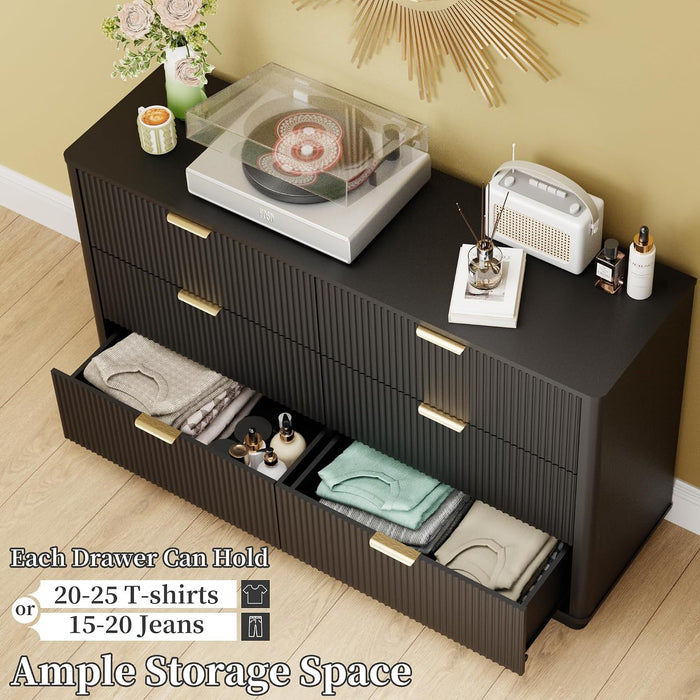 Fluted Dresser for Bedroom with 6 Drawers, 54" Wide Modern Chest of Drawers with Lighting, Wooden Dresser TV Stand with Curved Edges, Closet Organizer for Living Room, Hallway, Black