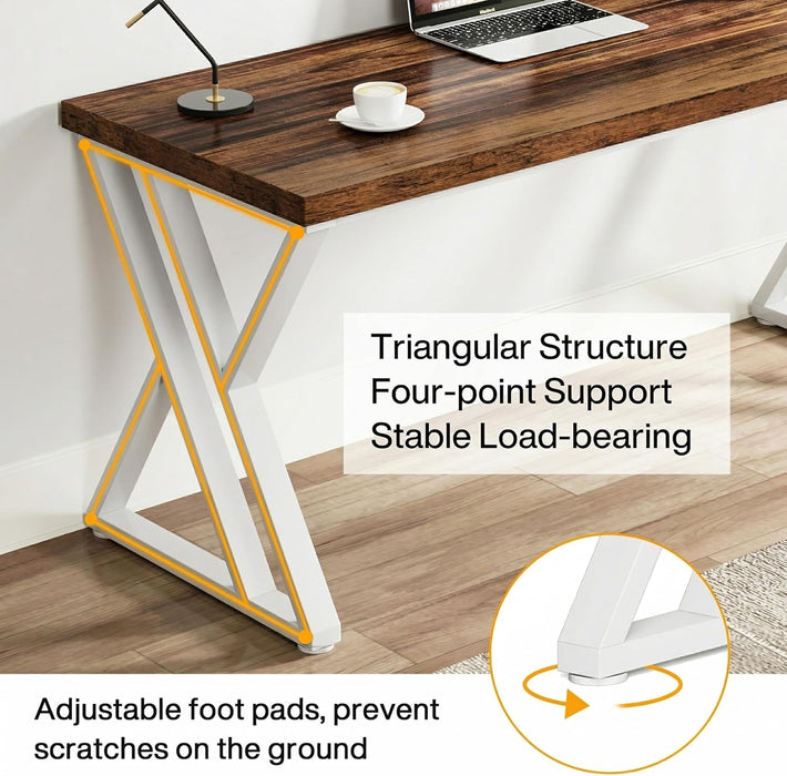 Modern Walnut/White 55" Heavy Duty Computer Desk, Study & Work Desk, 23.6"D X 55.1"W X 29.5"H, Z-Shaped Metal Legs, 330 Lbs Capacity