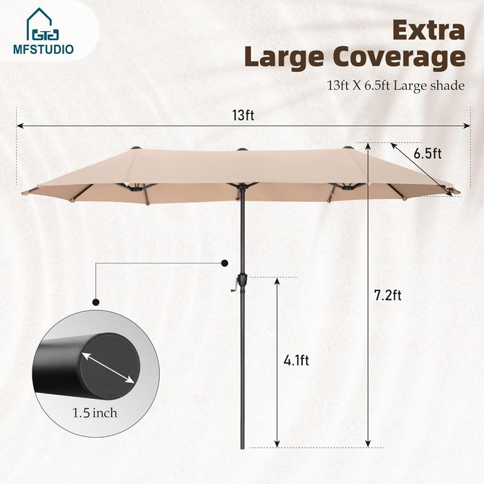 13 Ft Outdoor Patio Umbrella, Large Rectangular Double Sided Market Table Twin Umbrellas with Crank Handle for Deck Pool(Beige)