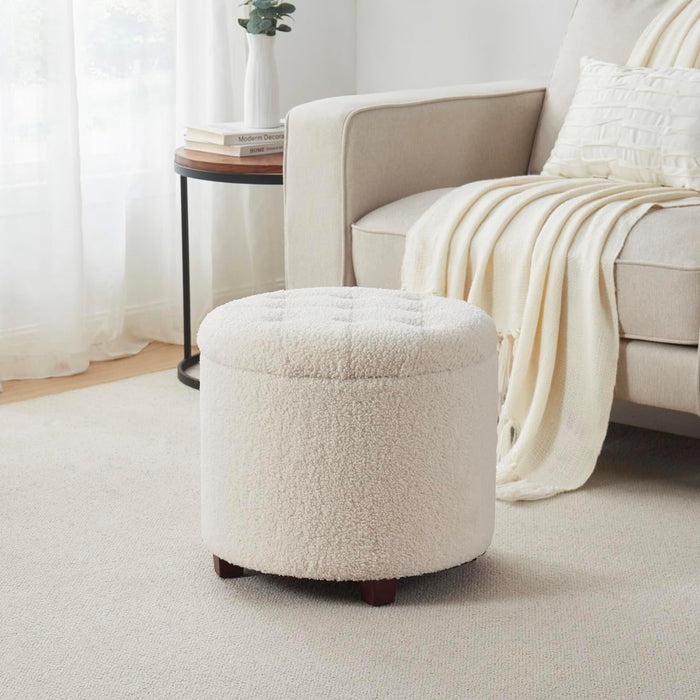 Decor round Ottoman with Storage, round Vanity Chair Stool Ottoman Pouf with Storage for Living Room and Bedroom, Boucle White