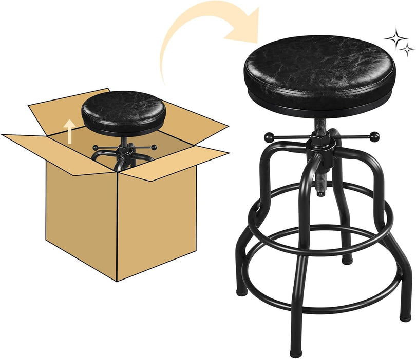 Industrial Bar Stools Vintage Counter Height Bar Stool with round Faux Leather Seat Metal Stool Adjustable Kitchen Stool 21.5-28 Inch Tall Black, 1PCS