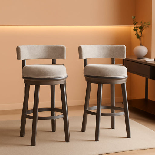 Bar Stools Set of 2, 31-Inch 360° Swivel Barstool with Upholstered Back & Seat, Solid Rubber Wood Legs & round Footrest, Farmhouse Bar Height Chair for Home, Bar, Grey (2, Seat Height 31‘’)