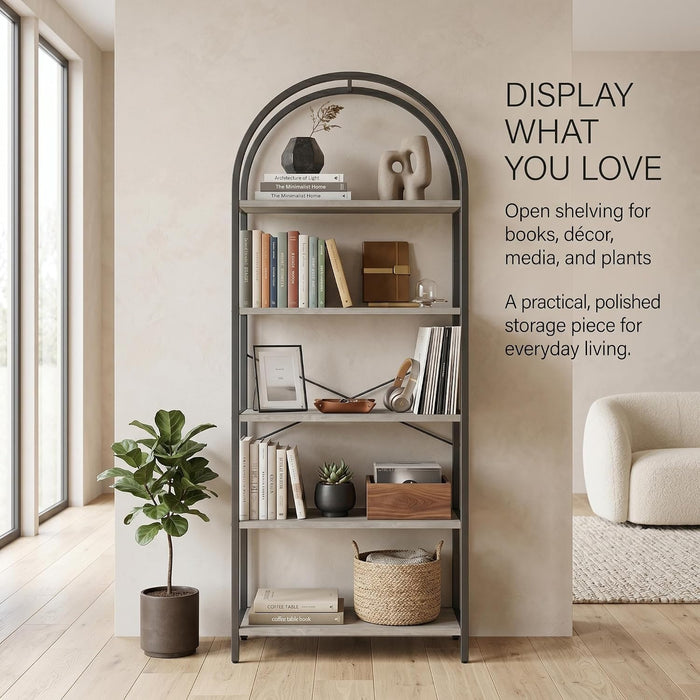 71" Arched Bookcase, 5-Tier Industrial Bookshelf with Metal Frame, Tall Storage Display Shelf for Living Room, Bedroom, Home Office, Gray
