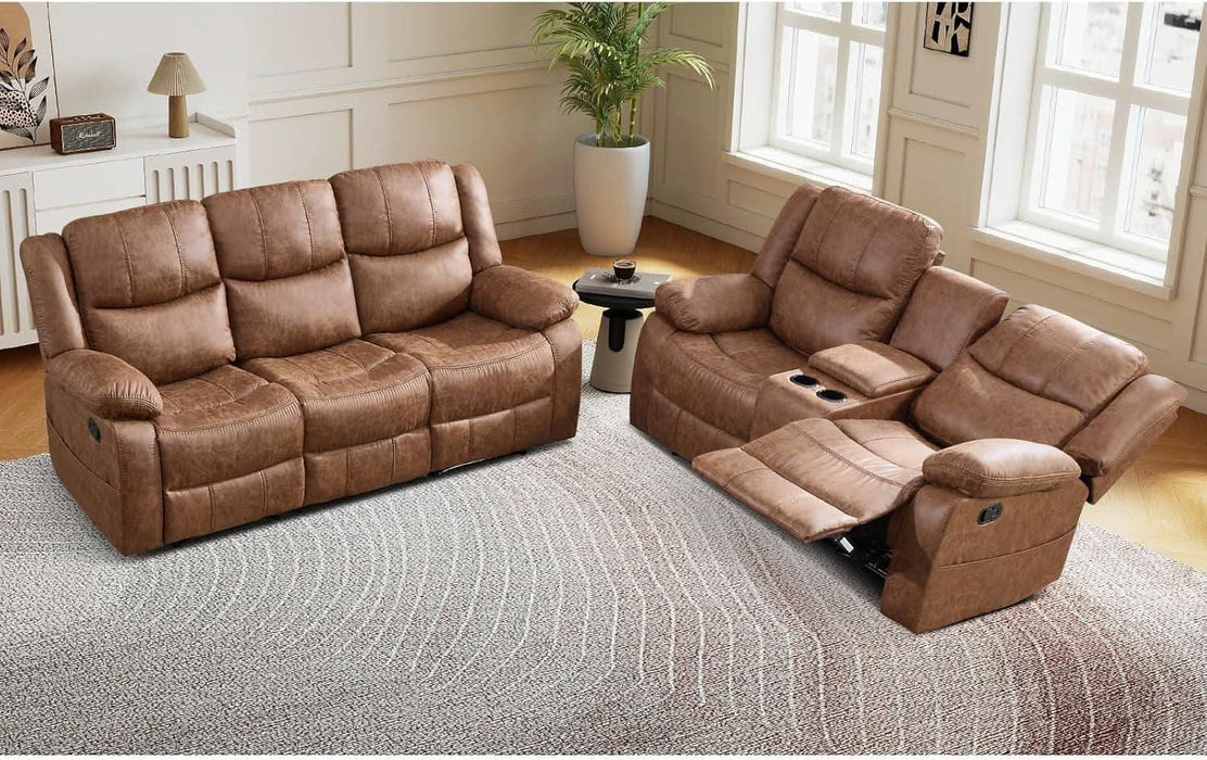 2 Pieces Manual Recliner Sofa Set, Faux Leather Reclining Couch Set for Living Room, Included Loveseat Recliner Couch and 3 Seat Reclining Sofa, Brown