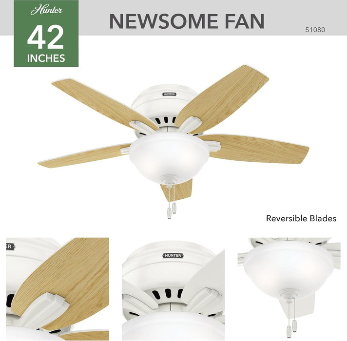 42 Inch Indoor Ceiling Fan with LED Light - White Ceiling Fan with Pull Chain, for Bedroom or Living Room, Low Profile Flush Mount, No Remote, 5 Blades - Newsome 51080, Fresh White