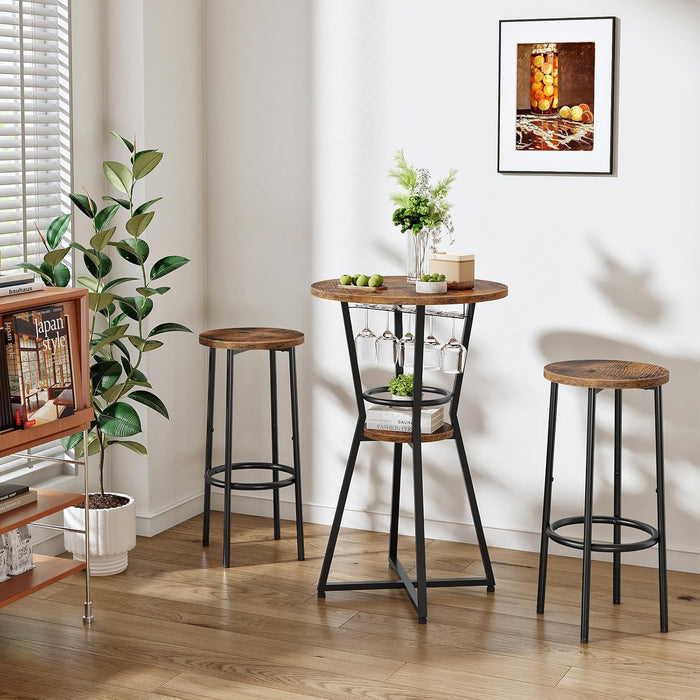 round Bar Table, 2-Tier Counter Height Pub Table with Wine Glass Holder, Industrial Cocktail Table, for Small Space, Tavern, Living Room, Dining Room, Patio, Rustic Brown and Black BF62BT01G1
