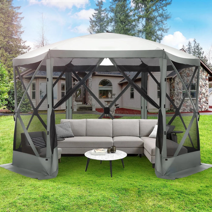 12X12Ft Pop-Up Gazebo EZ Set-Up Camping Canopy Tent with 6 Sides Mosquito Netting, Waterproof, UV Resistant, Portable Screen House Room, Outdoor Party Tent with Carry Bag, Ground Spike, Gray