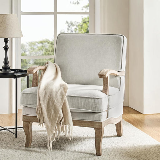 Ivory Upholstered Mid-Century Armchair With Wooden Legs