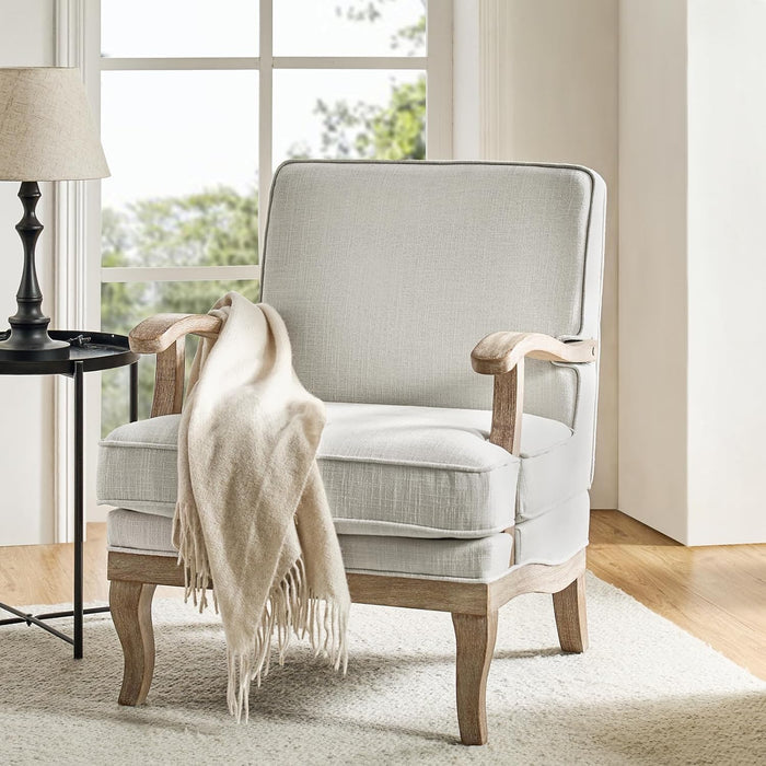 Ivory Upholstered Mid-Century Armchair With Wooden Legs