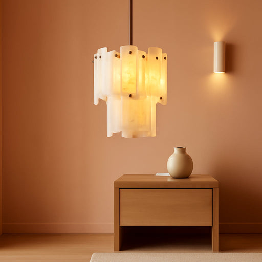 Alabaster round Chandelier, 2-Tier Spanish Alabaster Chandeliers, Warm White, 13" Modern Small Gold Marble Pendant Chandeliers for Foyer, Kitchen Island, Dining Room, Bedroom
