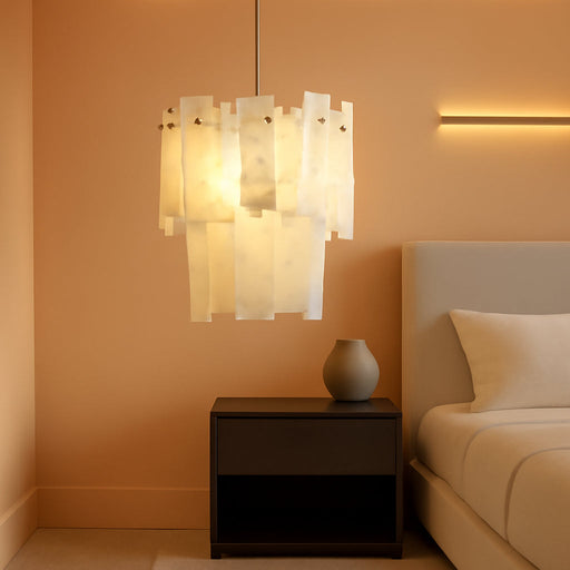 Alabaster round Chandelier, 2-Tier Spanish Alabaster Chandeliers, Warm White, 13" Modern Small Gold Marble Pendant Chandeliers for Foyer, Kitchen Island, Dining Room, Bedroom