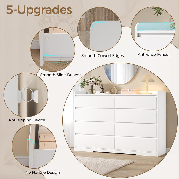 White Dresser for Bedroom, 8 Drawer Dresser Chests of Drawers