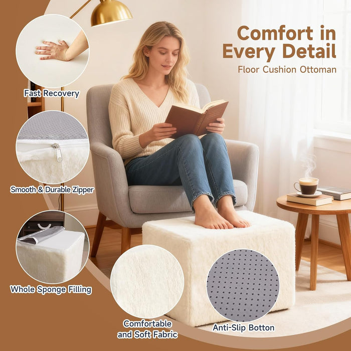Square Stuffed Pouf Ottoman, Plush Poufs with Foam Chunk Filling, Foot Rest Stool for Living Room, Cream
